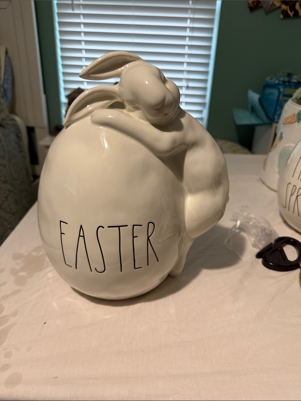 Rae Dunn Ceramic Bunny Hugging Easter Egg - White